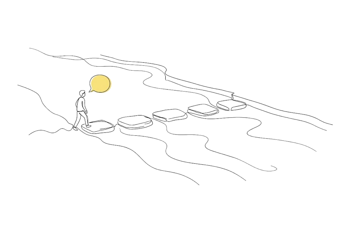 はじめての人が、飛び石の一歩目に足をかけている。